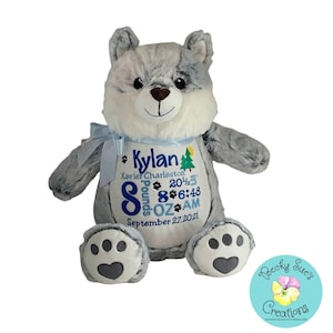Personalized stuffed animal, wolf birth announcement stuffed animal, handmade embroidered nature native wildlife theme baby shower gift idea