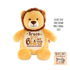 Personalized stuffed animal, lion birth announcement stuffed animal, handmade embroidered jungle safari theme baby shower gift idea
