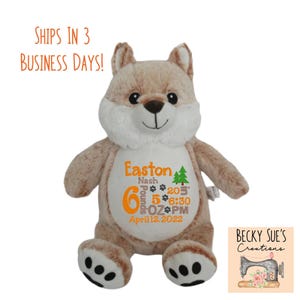 birth announcement stuffed animal, baby announcement plush animal, personalized stuffed animal baby gift, monogrammed, woodland baby, fox