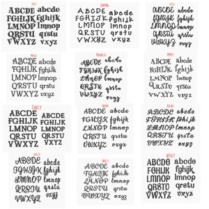 May include: A grid of 12 font samples, each displaying the alphabet in uppercase and lowercase. The fonts vary in style, including serif, sans-serif, and script. Each sample is labeled with a font name in red or black.