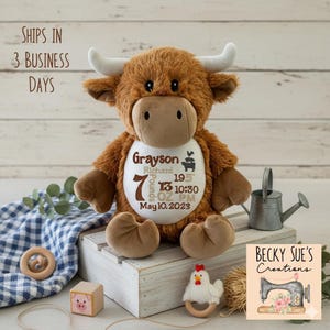 Personalized stuffed animal highland cow, embroidered birth announcement, embroidered farm baby shower gift idea, special nursery decor