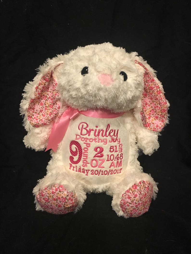 personalized stuffed animal bunny, baby announcement plush animal, birth announcement stuffed animal, baby gift, baby shower gift Bild 1