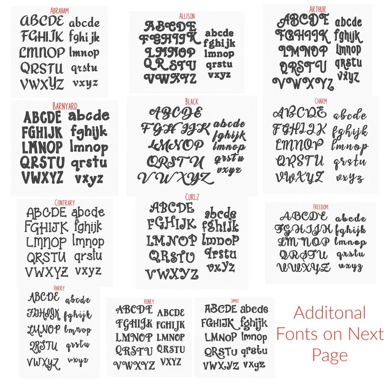 May include: A collection of various font styles displayed on a white background. Each font is shown with the alphabet in both uppercase and lowercase letters. The fonts include names like Abraham, Allison, Arthur, and others.