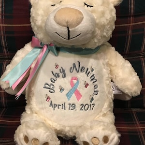 baby loss gift, child loss gift, angel bear, pink and blue ribbon, personalized memorial animal, remembrance gift, memorial bear