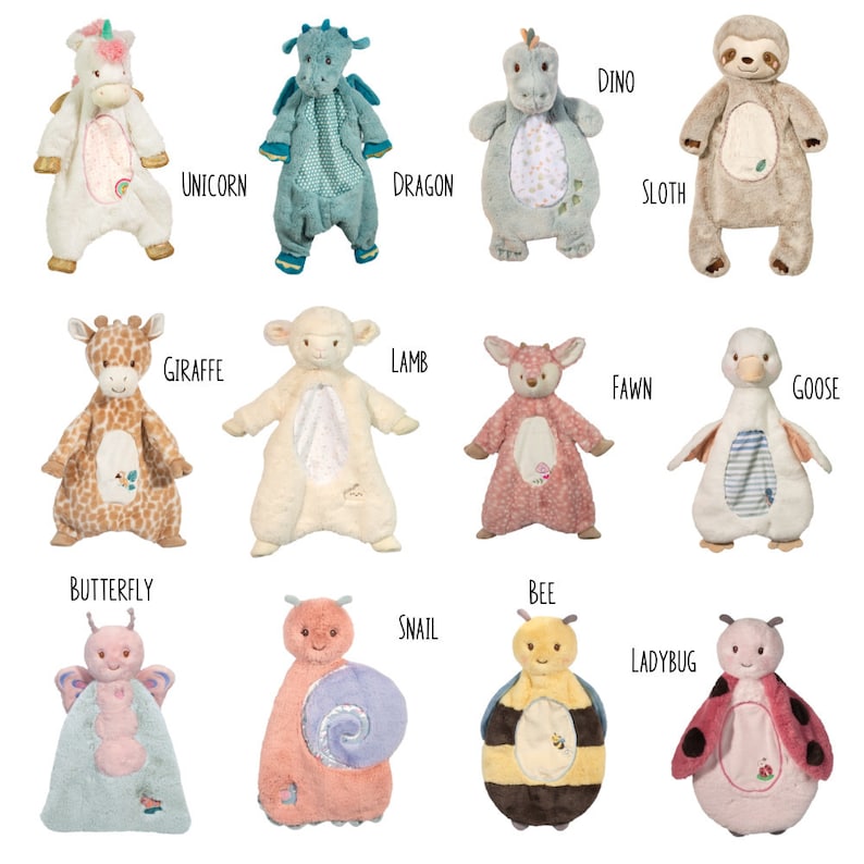 May include: A selection of soft toy animals, featuring a unicorn, dragon, dinosaur, sloth, giraffe, lamb, fawn, goose, butterfly, snail, bee, and ladybug. Each toy has embroidered details and a unique colour palette, designed for comfort.