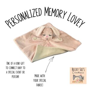 Memory lovey blanket made from wedding gown, bridesmaid dress or family member's clothing. Special gift for baby shower, newborn homecoming.