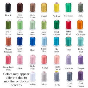 May include: A collection of 30 spools of thread in various colors, including black, brown, gold, and green. Each spool is labeled with its color name. The text at the bottom reads, "Colors may appear different due to monitor or device screens."