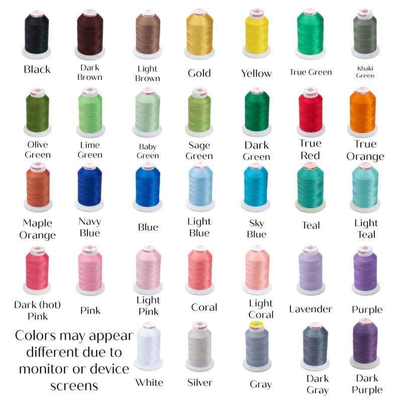 May include: A collection of 30 spools of thread in various colors, including black, brown, gold, and green. Each spool is labeled with its color name. The text at the bottom reads, "Colors may appear different due to monitor or device screens."