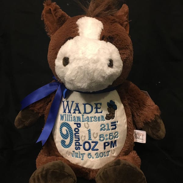 birth announcement stuffed animal, baby announcement animal, personalized stuffed animal, baby gift, monogrammed gift, cowboy baby horse