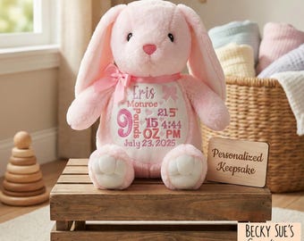 Personalized stuffed animal, birth announcement bunny rabbit, birth stats, new baby gift idea, woodland nursery theme, unique present