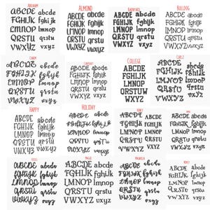 May include: A grid of various black letter fonts, each showcasing uppercase and lowercase alphabets. Font styles include serif, sans-serif, and script, with names like "Abraham," "Almond," and "Barnyard" displayed above each font.