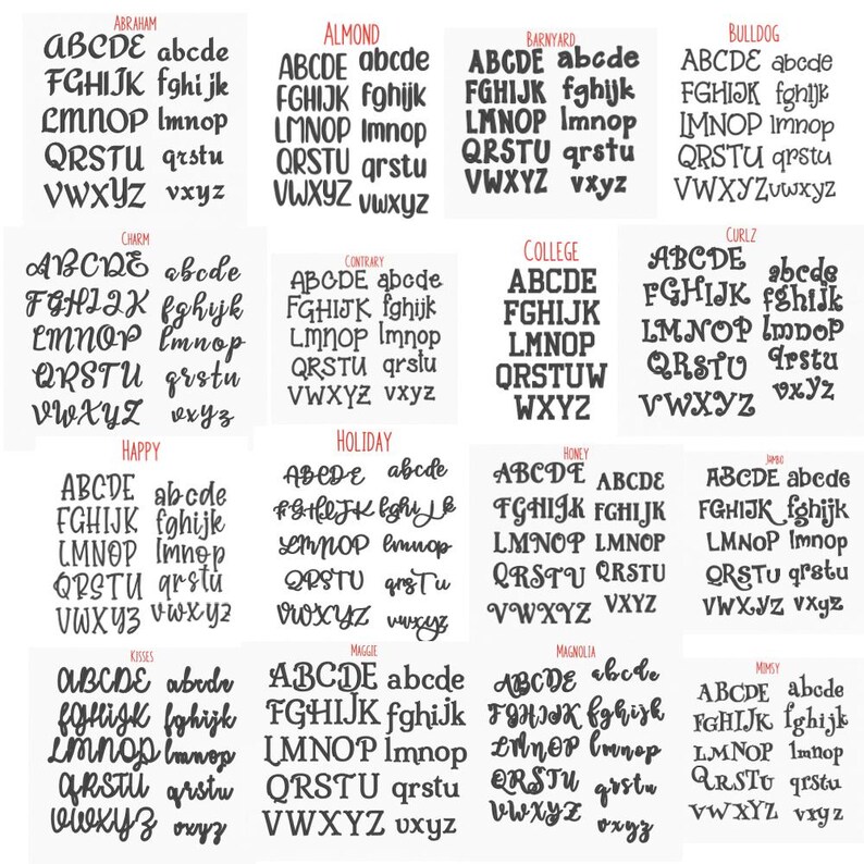 May include: A grid of various black letter fonts, each showcasing uppercase and lowercase alphabets. Font styles include serif, sans-serif, and script, with names like "Abraham," "Almond," and "Barnyard" displayed above each font.
