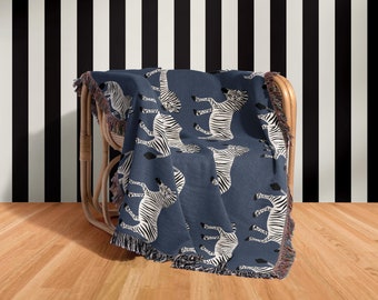 Cotton Woven Blanket, Zebra Parade, Black and White on Navy Blue, Safari Animals, Kids Room, Baby Nursery Decor, Animal Print, Fringe Throw