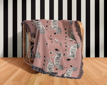 Cotton Woven Blanket, Zebra Parade, Black and White on Candy Pink, Safari Animals, Kids Room, Baby Nursery Decor, Animal Print, Fringe Throw
