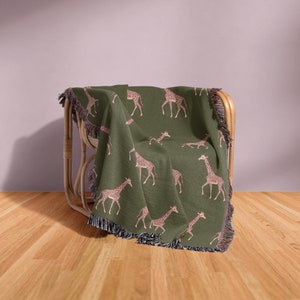 Cotton Woven Blanket, Giraffe Parade, Blush Pink on Army Green, Safari Animals, Kids Room, Baby Nursery Decor, Animal Print, Fringe Throw