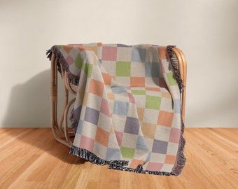 Cotton Woven Blanket, Rainbow Checkered, Modern Bed Throw, Retro Cozy Sofa Blanket, Boho Nursery Decor, Baby Shower Gift