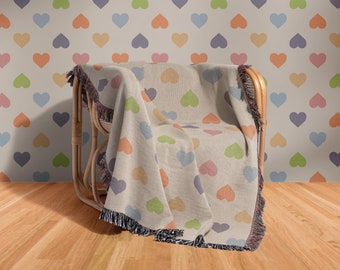 Cotton Woven Blanket, Rainbow Hearts, Modern Bed Throw, Retro Cozy Sofa Blanket, Boho Nursery Decor, Baby Shower Gift, Valentine's Day