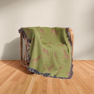 Cotton Woven Blanket, Giraffe Parade, Classic Chartreuse Green, Safari Animals, Kids Room, Baby Blanket, Nursery Decor, Animal Print Throw