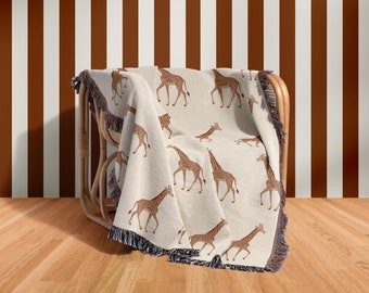 Cotton Woven Blanket, Giraffe Parade, Classic on Cream, Safari Animals, Kids Room, Baby Nursery Decor, Animal Print, Fringe Throw Blanket
