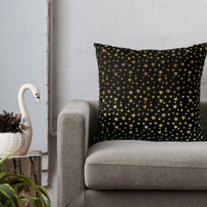 Throw Pillow - Mini Star Print - Gold on Black - Indoor or Outdoor - Square Cover + Insert - 16x16 18x18 20x20 24x24 26x26