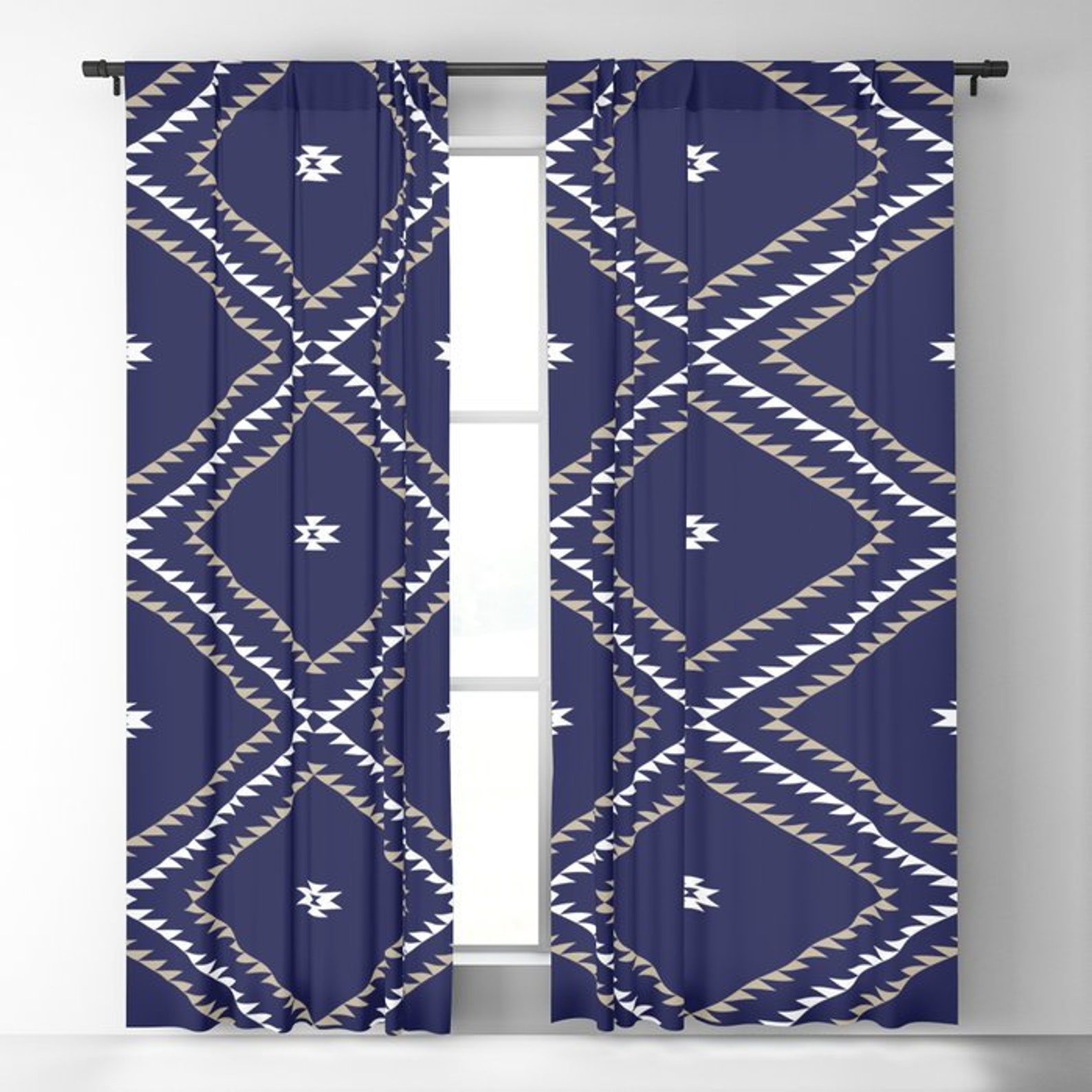 Window Curtains Southwestern Geometric Navy Blue White Tan Etsy