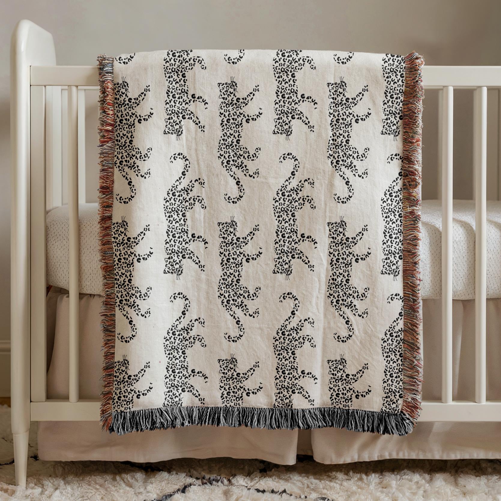Cotton Woven Blanket, Leopard Parade, Black White, Jungle Cat Decor, Cheetah Throw, Safari Theme, Animal Print, Gift for Her, Fringe Throw
