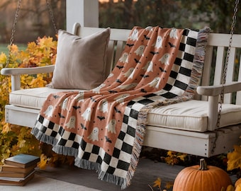 Halloween Cotton Woven Blanket, Happy Ghosts Bats Stars, Black White Orange, Modern Boho Decor, Cozy Throw, Checkered Border