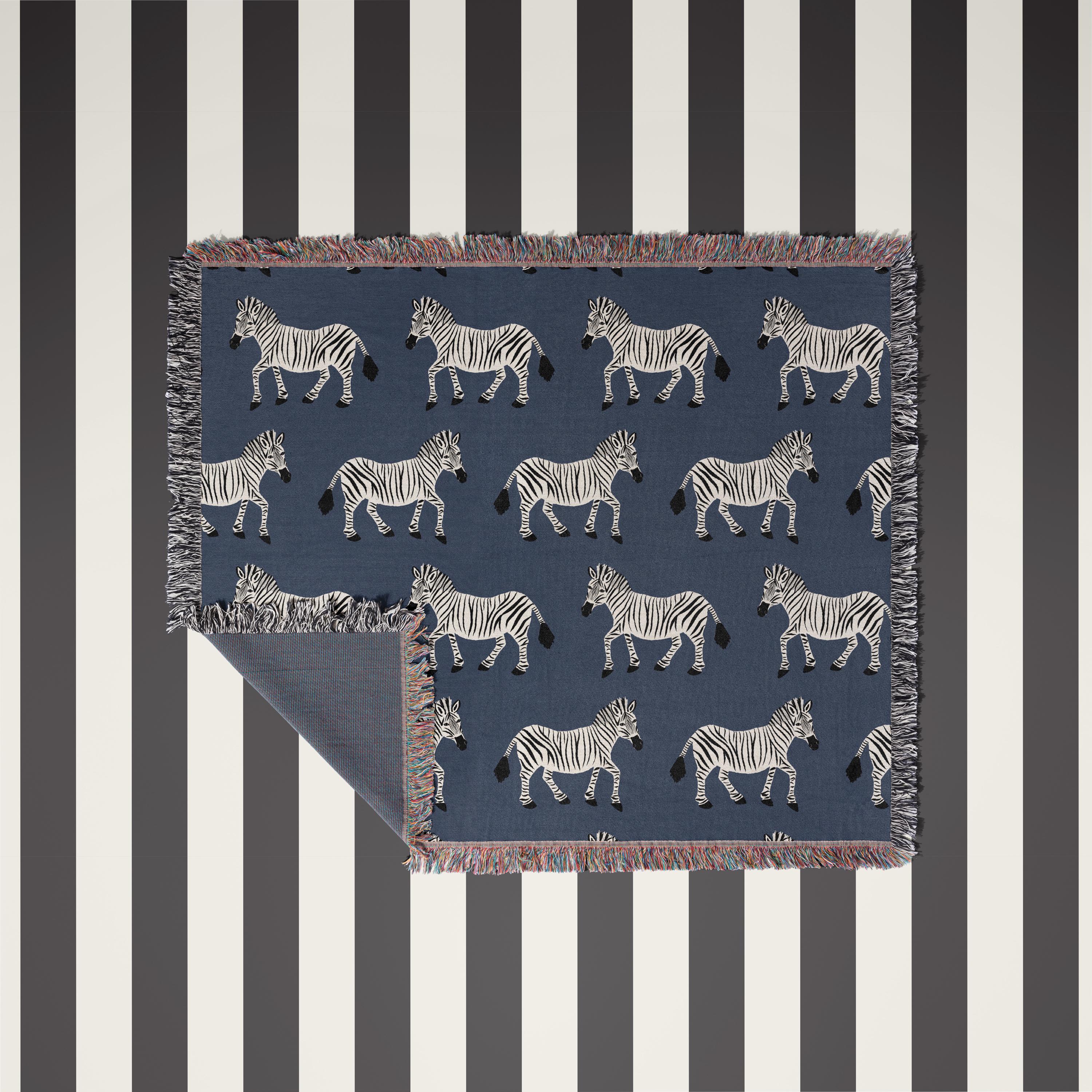 Cotton Woven Blanket, Zebra Parade, Black and White on Navy Blue, Safari Animals, Kids Room, Baby Nursery Decor, Animal Print, Fringe Throw