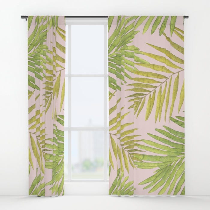 window curtains palms against blush pink green yellow 50 x 84 pink green yellow