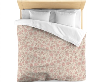Microfiber Duvet Cover, Boho Floral Pattern, Pink on Cream, Cottagecore Flowers, Kids Bedroom Decor, Girly Bedding Set, Bohemian Bedspread