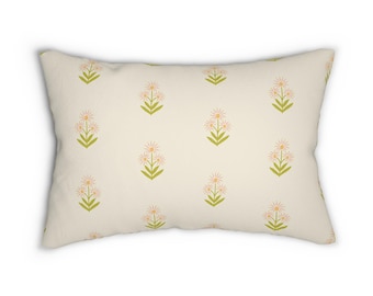 Lumbar Pillow, Boho Floral Block Print, Green Pink Cream, Nursery Decor, Flowers Decorative Pillow, Bohemian Room Decor, Neutral Bedroom
