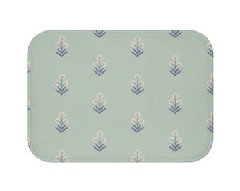 Plush Bath Mat, Boho Floral Block Print, Lavender Coral Mint Green, Flower Bath Rug, Bohemian Bathroom Decor, Chic Bath Mat
