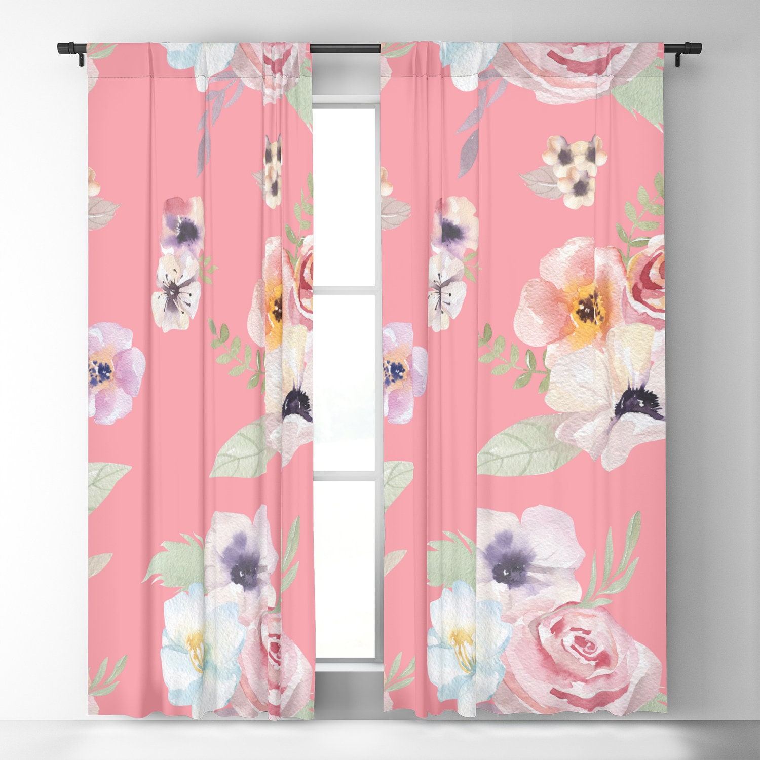 Window Curtains Watercolor Floral I Bright Pink 50 X 84 Or 96