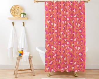 Shower Curtain, Leopard Print, Hot Pink Coral Blush, Animal Print Bath Curtain, Safari Home, Jungle Cats Bathroom Decor, Bold Modern 71x74