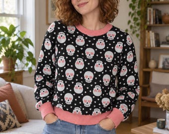Halloween Jacquard Knit Adult Sweater, Heart Eyes Skulls, Coral Pink or Royal Blue, Matching Family, Womens Mens Relaxed Fit Crewneck
