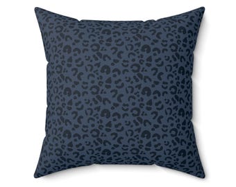 Square Throw Pillow, Leopard Print, Tonal Navy Blue, Safari Jungle Decor, Animal Print, Modern Bold, Boho Accent Cushion, Cheetah Print