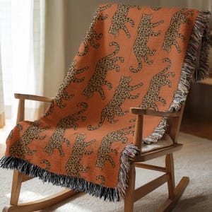 Cotton Woven Blanket, Leopard Parade, Rust Orange, Jungle Cat Decor, Cheetah Throw, Safari Theme, Animal Print, Gift for Her, Fringe Throw