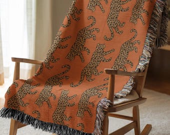Cotton Woven Blanket, Leopard Parade, Rust Orange, Jungle Cat Decor, Cheetah Throw, Safari Theme, Animal Print, Gift for Her, Fringe Throw