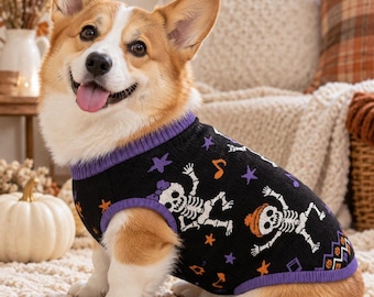 Halloween Jacquard Knit Pet Sweater, Rocker Skeletons, Matching Family, Cute Small Dog Cat Costume, Kids Siblings Match, Music Lovers