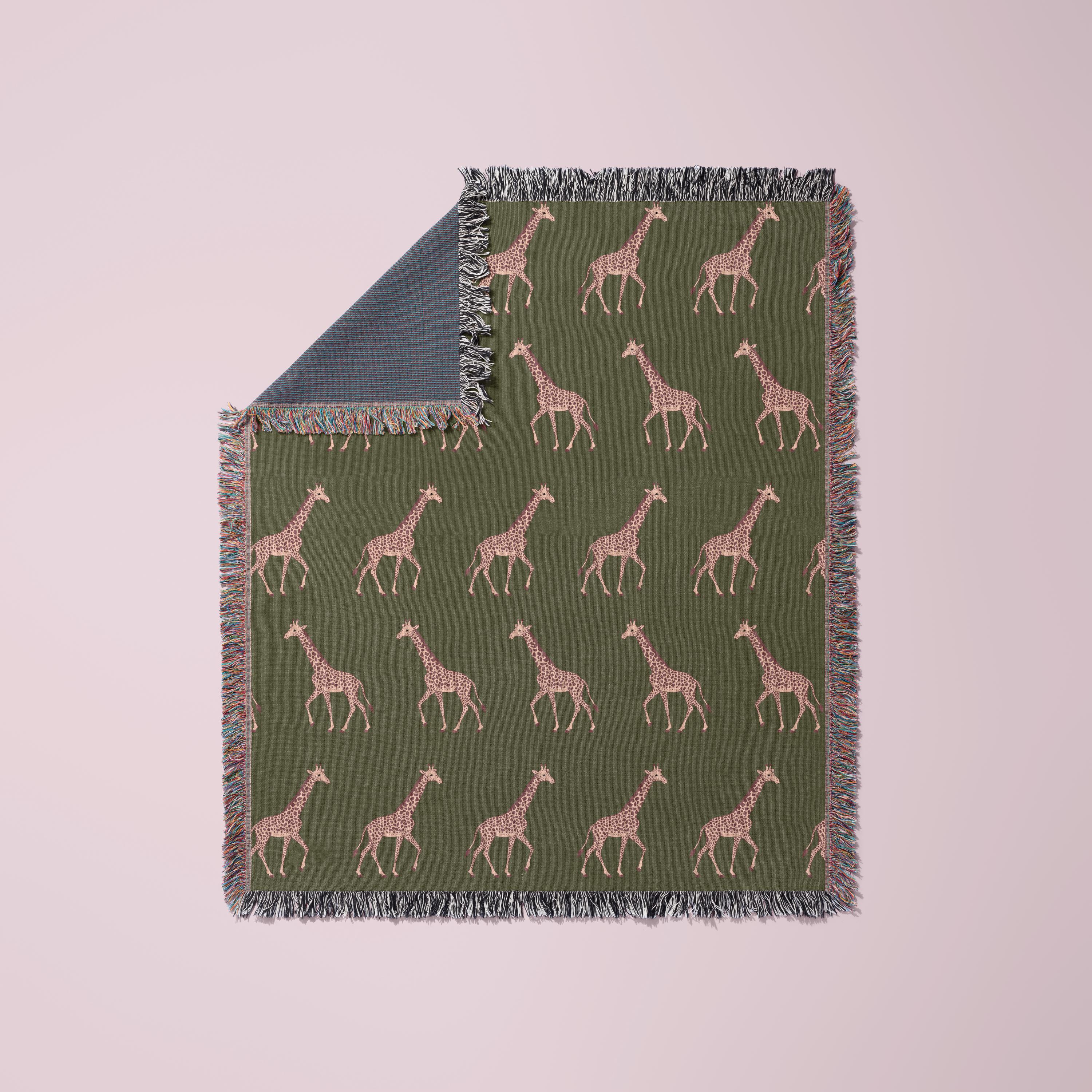 Cotton Woven Blanket, Giraffe Parade, Blush Pink on Army Green, Safari Animals, Kids Room, Baby Nursery Decor, Animal Print, Fringe Throw
