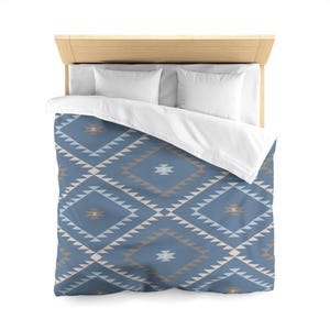 Microfiber Duvet Cover, Southwestern Geometric, Denim Blue Beige, Soft Bedding Set, Tribal Print Home Decor, Aztec Style Bedroom Accessories