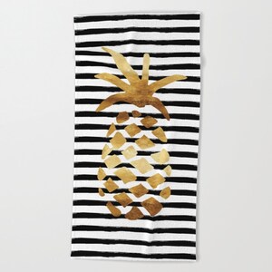 Oversized Beach Towel Pineapple and Stripes Gold Black and White Bundle with a Tote image 2