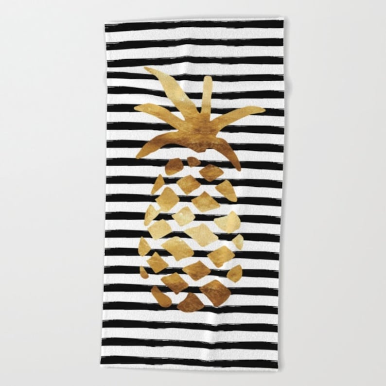 Oversized Beach Towel Pineapple and Stripes Gold Black and White Bundle with a Tote image 2