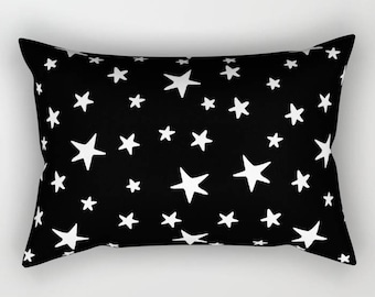 Lumbar Throw Pillow - Star Print - White on Black - Rectangle Cover and Insert - 17x12 20x14 25.5x18 28x20