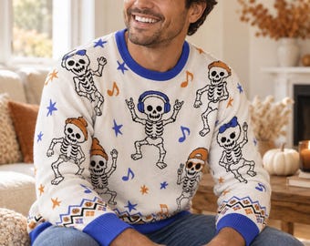 Halloween Jacquard Knit Adult Sweater, Rocker Skeletons, Matching Family, Womens Mens Relaxed Fit Crewneck, Music Lovers, Ugly Sweater Party