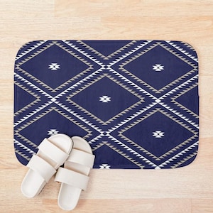 Plush Bath Mat, Southwestern Geometric, Navy White Beige, Desert Cowboy Rug, Western Bathroom Decor, Modern Boho Bathroom Rug