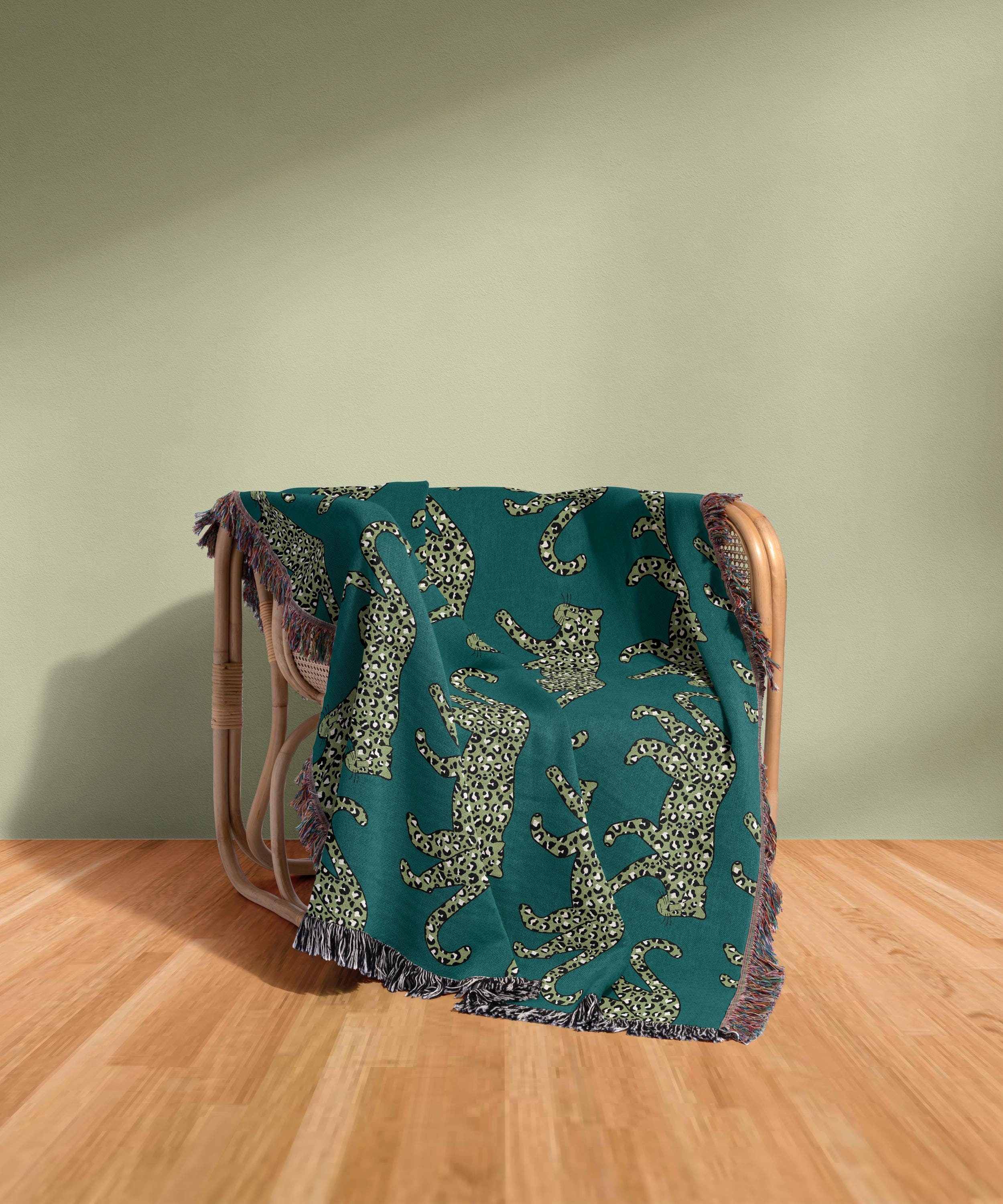 Cotton Woven Blanket, Leopard Parade, Olive on Teal, Jungle Cat Decor, Cheetah Throw, Safari Theme, Animal Print, Gift for Her, Fringe Throw