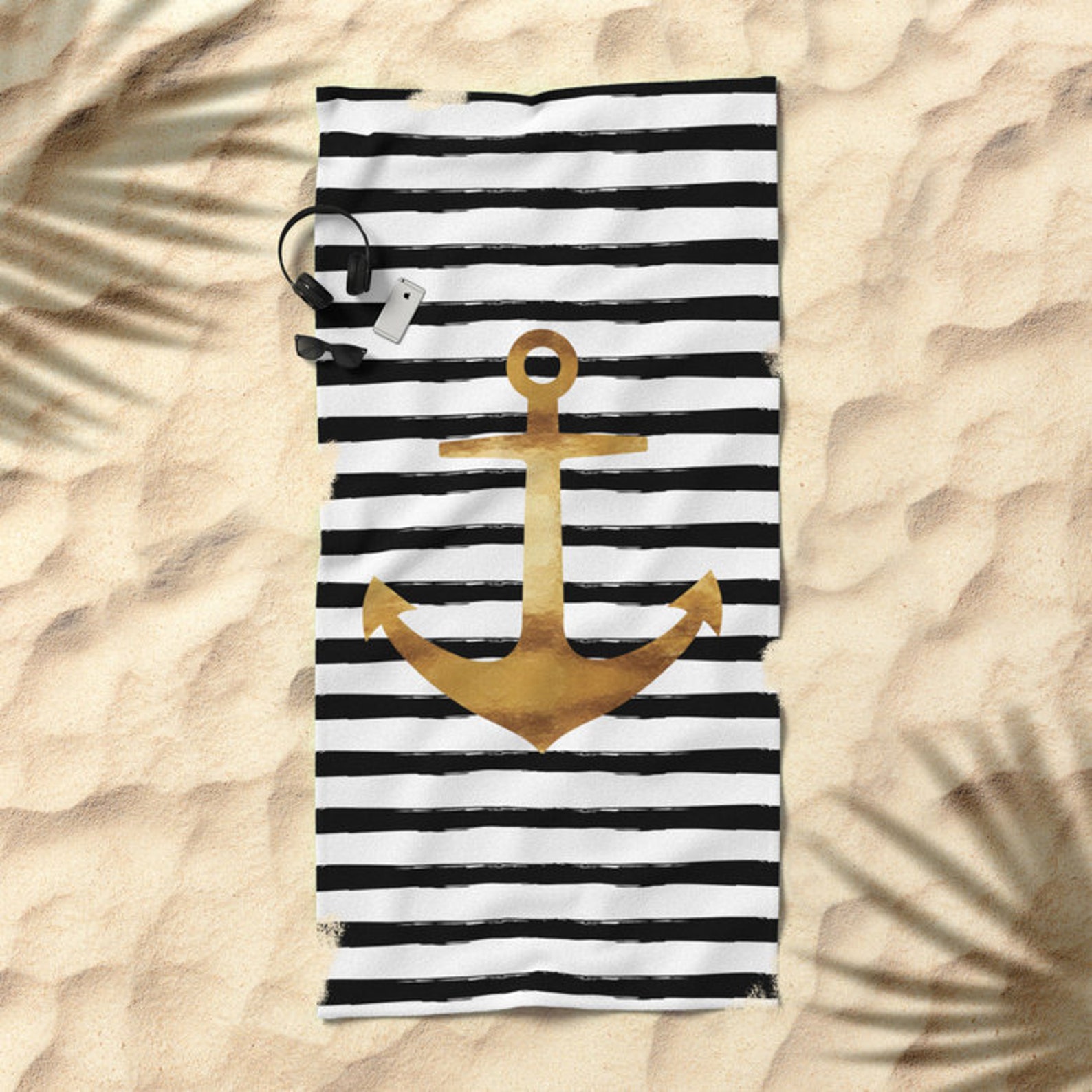 Oversized Beach Towel Anchor and Stripes Gold Black and Etsy