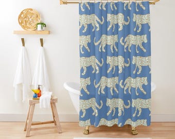 Shower Curtain, Leopard Parade, Mint on Denim Blue, Animal Print Bath Curtain, Safari Wildlife Home, Jungle Cats Bathroom Decor, Bold Modern