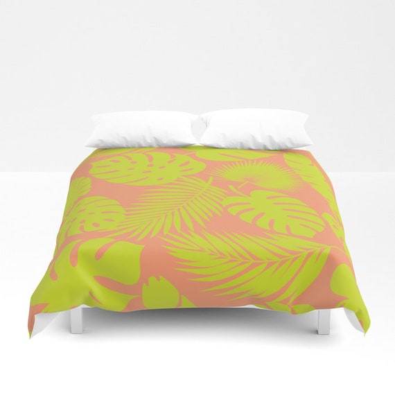 Duvet Cover Or Comforter Tropical Leaves Lime On Coral Etsy